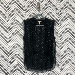 Women Rebecca Taylor Black Silver Metallic Geometric Sheer Sleeveless Top Sz 6